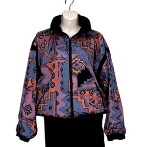Geometric Aztec Reversible Lightweight Vintage Funnel Neck Sporty Windbreaker
